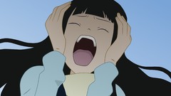 Blue background faces screaming scarfs long hair anime girls 