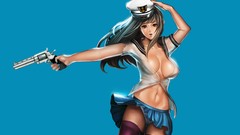 Blue background red eyes pistols skirts long hair uniforms 