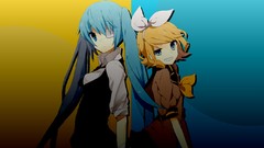 Blue background yellow background blondes long hair anime girls 