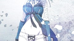 Blue band white woman game red eyes Ribbons Swords smiling 