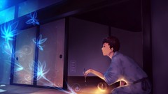 Blue Butterflies Candles Anime brush kimono drawings artwork 