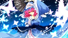 Blue Butterflies dress hats fans pink hair pink eyes anime 