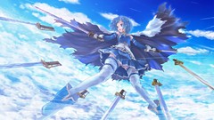 Blue clouds weapons Warriors flying gloves Swords skirts blue 