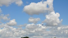 Blue clouds white signs men at work