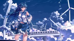 Blue clouds windmills snakes navel skirts blue hair long hair 