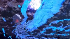 Blue clouds wings cross feathers red eyes short hair skies 