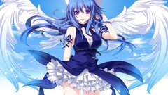 Blue clouds wings dress hats Ribbons angels blue hair long hair 