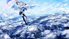 Blue clouds wings tie Earth flying skirts blue hair smiling 