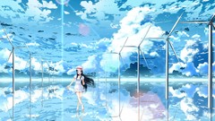 Blue clouds woman dress long hair anime girls black hair
