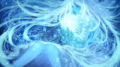 Blue crystals dress white hair sitting monochrome long hair 