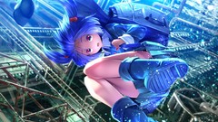 Blue dress hats red eyes buildings caps blue hair anime girls 