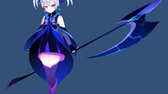 Blue dress white hair red eyes boots scythe twintails