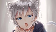 Blue eyes short hair gray hair open mouth nekomimi tails 