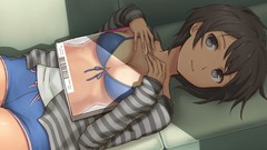 Blue eyes short hair magazines black hair cleavage bikini denim 