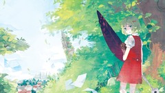 Blue eyes short hair vocaloid green hair forests Megpoid Gumi