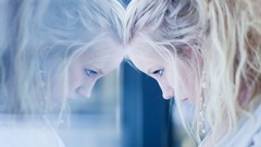 Blue eyes thought woman silence windows white hair reflections 