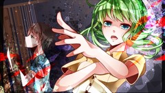 Blue eyes vocaloid green hair open mouth Megpoid Gumi
