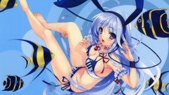 Blue fish headphones Anime Ribbons blue hair smiling long hair 
