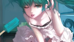 Blue food dress Ribbons tongue earrings long hair green eyes 