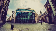 Blue glass Green windows street architecture buildings cities 