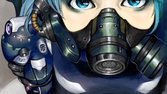 Blue hair anime girls blue eyes gas masks Simple Background