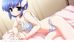 Blue hair anime girls green eyes bra underwear Pop panties 