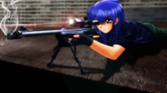 Blue hair anime girls lying down sniper rifles