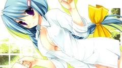 Blue hair anime girls purple eyes cleavage no bra open shirt 