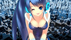 Blue hair blue eyes wink dmyo ecchi cleavage underwear panties