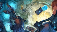 Blue hair long hair anime girls blue eyes brown eyes short hair 