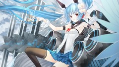 Blue hair long hair anime girls orange eyes twintails