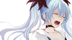 Blue hair long hair hatsune miku vocaloid open mouth twintails 
