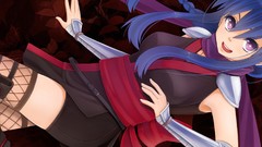 Blue hair long hair open mouth detached sleeves