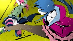 Blue hair pink hair anime girls blue eyes yellow eyes ponytails 