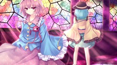 Blue hair pink hair pink eyes anime girls short hair touhou 
