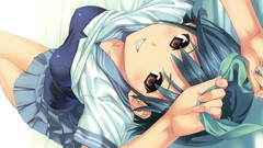 Blue hair smiling anime girls school uniforms short hair 