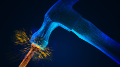 Blue hammer striking nail