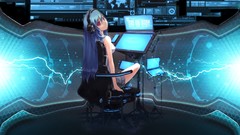 Blue headphones Computers red eyes blue hair anime girls 