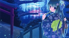 Blue kimono anime girls nanao naru hair ornaments Japanese 