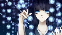 Blue kimono long hair anime girls blue eyes black hair Japanese 