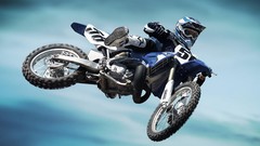 Blue motocross Yamaha vehicles jumping skyscapes motorbikes