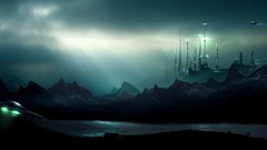 Blue Mountains buildings spaceships science fiction valleys 