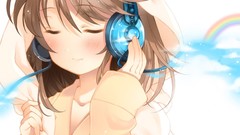Blue Music headphones shiny anime girls closed eyes rainbows 