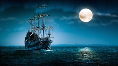 Blue ocean moon ships horizon night sky