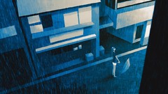Blue rain headphones Umbrellas houses water drops buildings 
