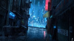 Blue rain light signs street buildings cities upscaled