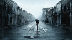 Blue rain Men Umbrellas sad streets artwork digital art alone 