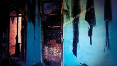 Blue red abstract abandoned houses stripes decay