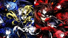 Blue red hats red eyes blondes blue hair anime girls brunettes 