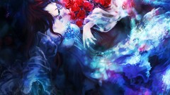 Blue red woman abstract roses dress multicolor